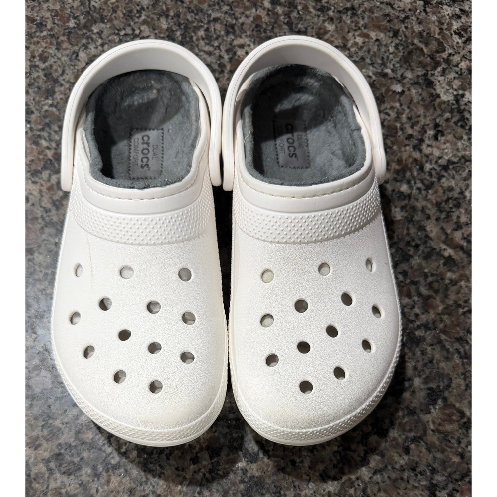 Crocs Classic Lined Clog White Grey Fuzzy Fur Slip On Mens‎ 9 Womens 11 Shoes